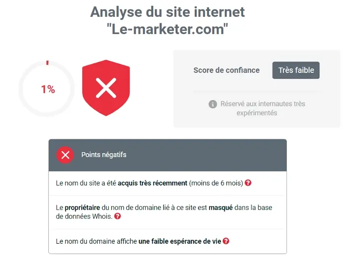 Capture d'écran de ScamDoc indiquant qu'un site est potentiellement frauduleux