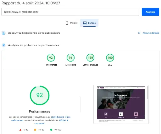 Exemple de rapport PageSpeed Insights