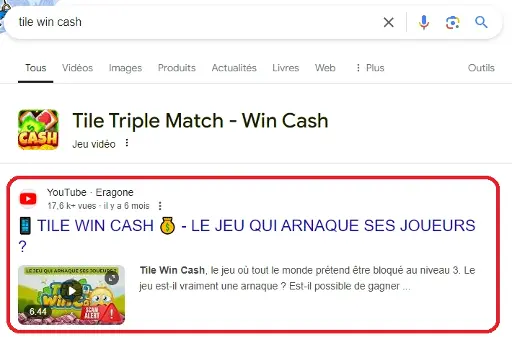 Exemple de vidéo apparaissant directement dans les résultats de recherche